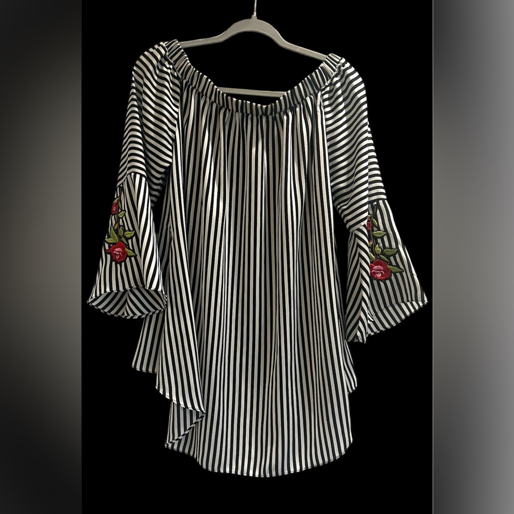 Striped Black and White Off-Shoulder Top with Floral Embroidery - L